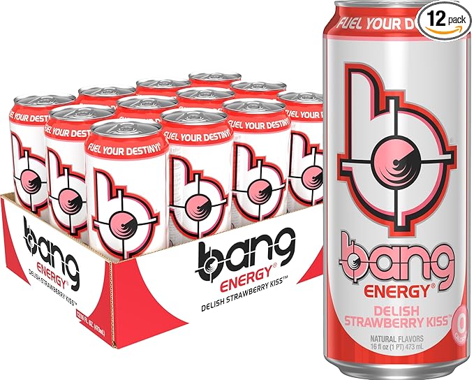 Bang Energy Delish Strawberry Kiss Sugar-Free Energy Drink 16 Fl Oz | Pack of 12