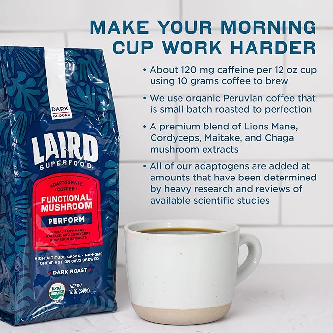 Laird Superfood Peruvian Dark Roast Coffee with Functional Mushrooms Certified Organic Peruvian Ground Coffee Beans Gluten-Free Dairy-Free Non-GMO Paleo Keto Friendly 12 oz. Bag (Pack of 2)