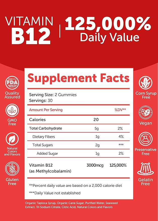 Lunakai Extra Strength 3000mcg Vitamin B12 Gummies - USA Made Delicious Daily Energy &amp Metabolism Support - Vegan B12 Methylcobalamin Supplement 60ct