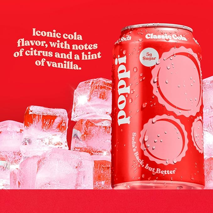 Poppi Sparkling Prebiotic Soda Beverage with Apple Cider Vinegar Seltzer Water and Fruit Juice Classic Cola Flavor 12 oz Pack of 12 Packaging May Vary