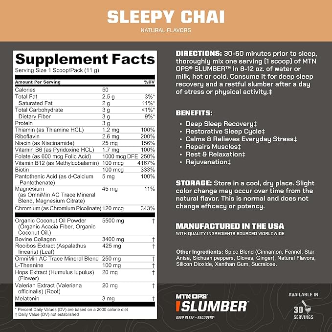 MTN OPS Slumber Sleep Aid for Muscle Recovery &amp Deep Sleep Sleepy Chai Sleep Support Powder Drink Mix 30 Servings