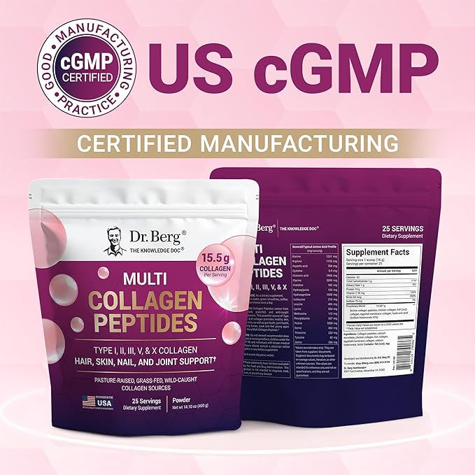 Dr. Berg Multi Collagen Peptides Powder Types I II III V X - Unflavored Collagen Powder w/ 14 g of Protein - Grass-Fed Pasture-Raised &amp Wild-Caught Collagen Sources - 25 Servings