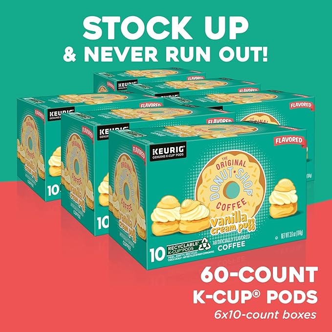The Original Donut Shop Vanilla Cream Puff Coffee Keurig Single Serve K-Cup Pods Medium Roast Coffee 60 Count (6 Packs of 10)