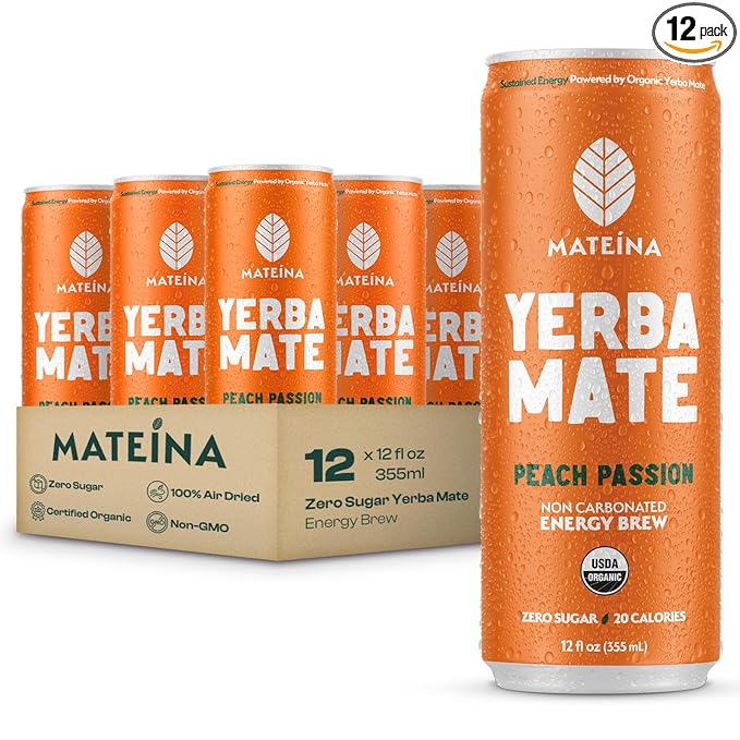 Mateina Yerba Mate Zero Sugar Energy Drink – 120mg Natural Caffeine – Organic Non-GMO Non-Carbonated – Dr. Andrew Huberman Recommended – (12 fl oz Cans 12 Pack) Peach Passion