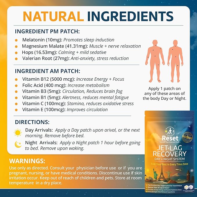 Reset Jet Lag Recovery System | Day and Night Transdermal Patches with Extra Strength Melatonin Magnesium and B Vitamins | Travel Fatigue Relief Sleep Support | Energy Boost ((3pk) Family Travel)