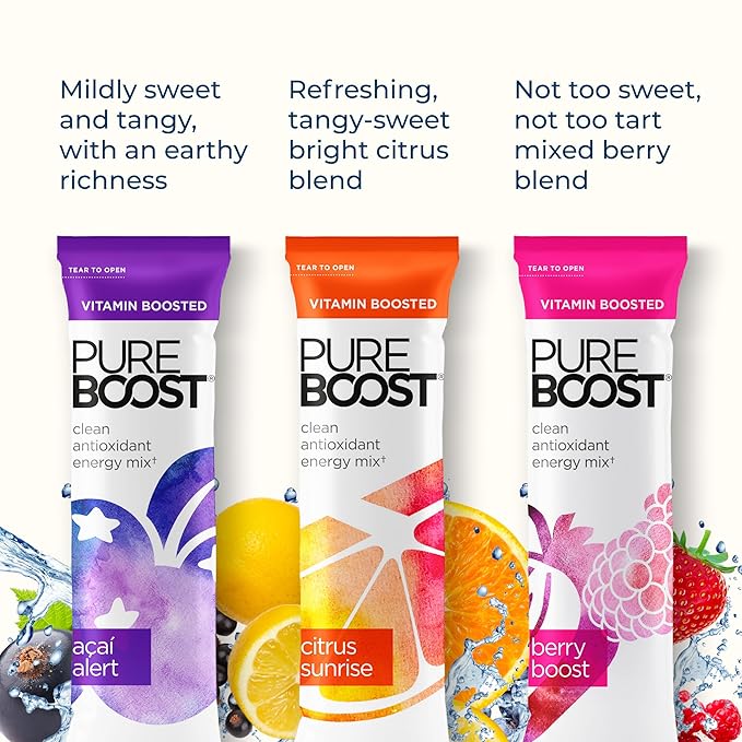 Pureboost Clean Energy Booster Refreshing Energy Drink Mix with B12 Vitamins Electrolytes Antioxidants Sugar-Free with No Sucralose (Combo Pack 30 Count)