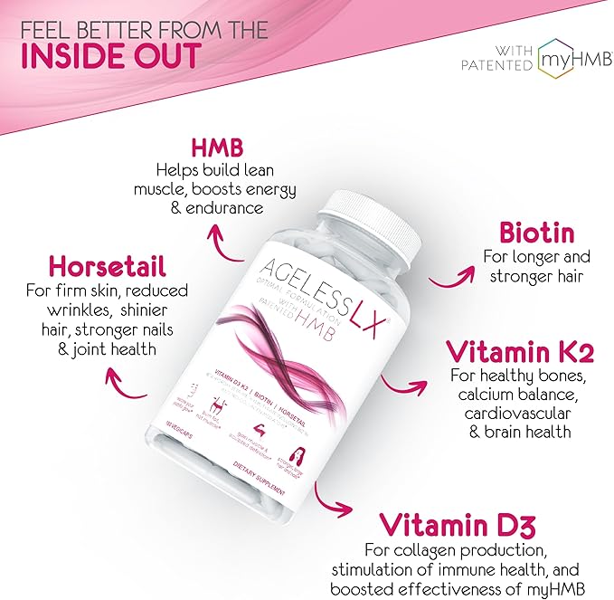 AgelessLX HMB Supplements for Women - Collagen Enhancer Capsules - Anti-Aging for 40 + Lean Muscle Builder - Biotin Vitamin D3 K2 Supplement for Youthful Skin - 60 Servings