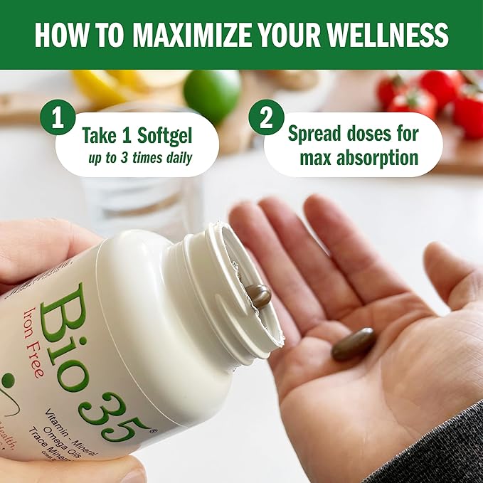 Bio-35 100ct Iron Gluten &amp Soy- Free Daily Multivitamin for Men &amp Women Wellness – High Potency Softgel with Trace Minerals Vitamin D3 Vitamin A Flax Seed Oil - Immune Support Digestion &