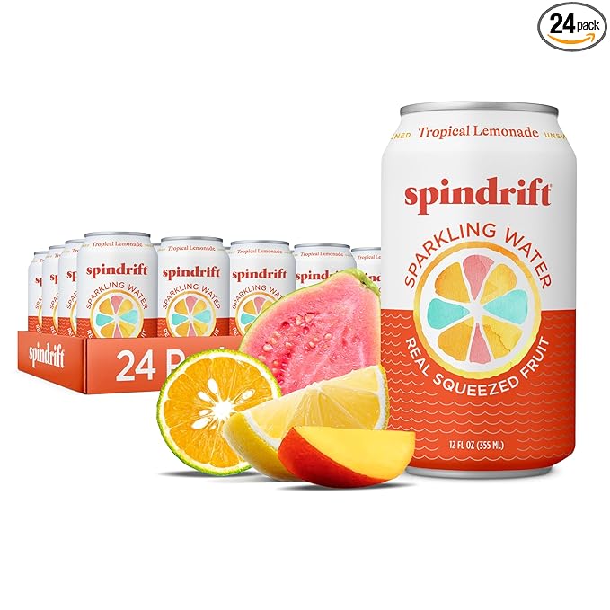 Spindrift Sparkling Water Tropical Lemonade Flavored Made with Real Squeezed Fruit 12 Fl OZ Cans Pack of 24 (Only 13 Calories per Can)