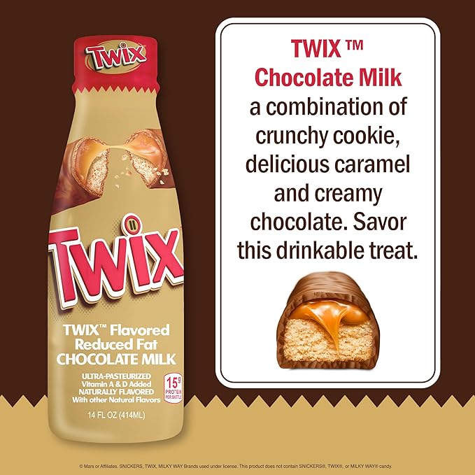 Twix™ Chocolate Milk - Packed with the flavors of crunchy cookie delicious caramel and creamy chocolate. Pack of 12 14 oz Bottles