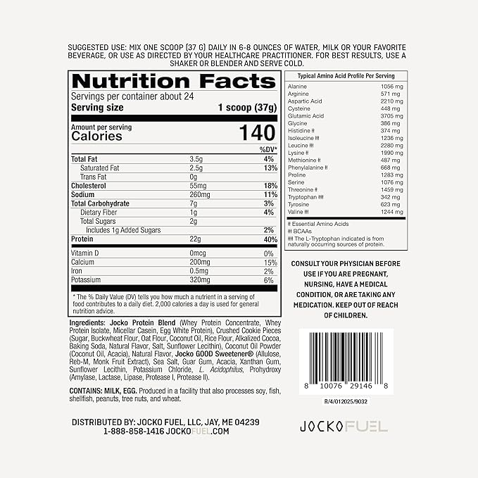 Jocko Fuel Whey Protein Powder Cookies &amp Cream 22g Protein Digestive Enzymes + Probiotic Blend No Sugar Added with Essential Amino Acids + Electrolyte Minerals 24 Servings