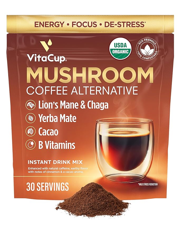 VitaCup Mushroom Coffee Alternative Instant Drink Mix | Mushroom Based Coffee Substitute for Natural Energy &amp Focus | Lion’s Mane Yerba Mate &amp Chaga | Cacao Cinnamon &amp B Vitamins | 30