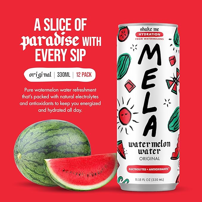 Mela Watermelon Water - Watermelon Juice 100 Percent Natural Fruit Juice with Vitamin C Electrolytes Antioxidants - Coconut Water Alternative Gluten-Free (Original 11.15 fl oz 12-pack)