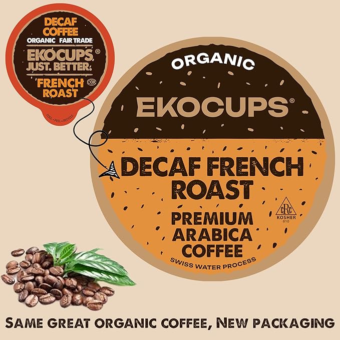 EKOCUPS Organic Swiss Water Decaf French Roast Coffee Pods Extra 30% More Coffee Per Cup Artisan Fair Trade Dark Roast Decaf French Roast for Keurig K Cup Machines Recyclable Pods 80 Count