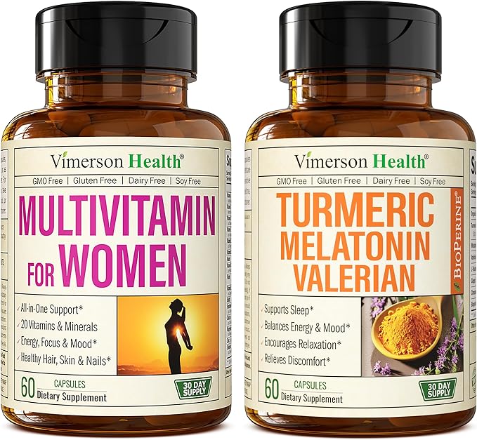 Women's Multivitamin + Turmeric Melatonin Valerian Bundle. Joint Support and Cartilage Comfort Healthy Immune Response and Inflammatory Balance