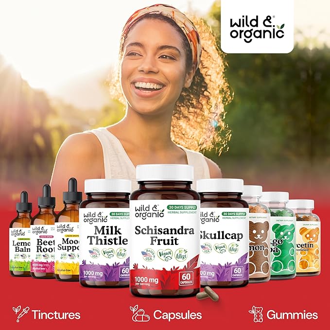 Wild &amp Organic Schisandra Supplement Capsules 1000 mg - Mood &amp Relaxation Support - Schisandra Berry Powder Extract - Vegan No Fillers Non-GMO - 60 Count