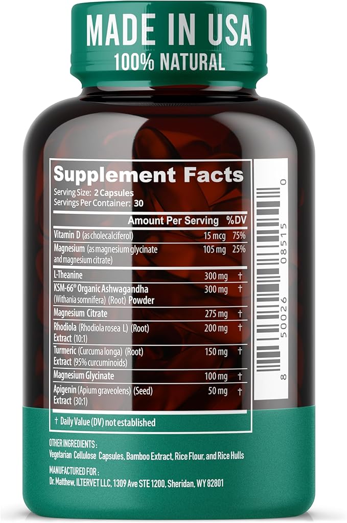Cortisol Reducer &amp Adrenal Support Supplement–Natural Stress Relief with Ashwagandha KSM-66 Magnesium Glycinate &amp Citrate L-Theanine Rhodiola Apigenin Turmeric &amp Vitamin D3–Calm Mood