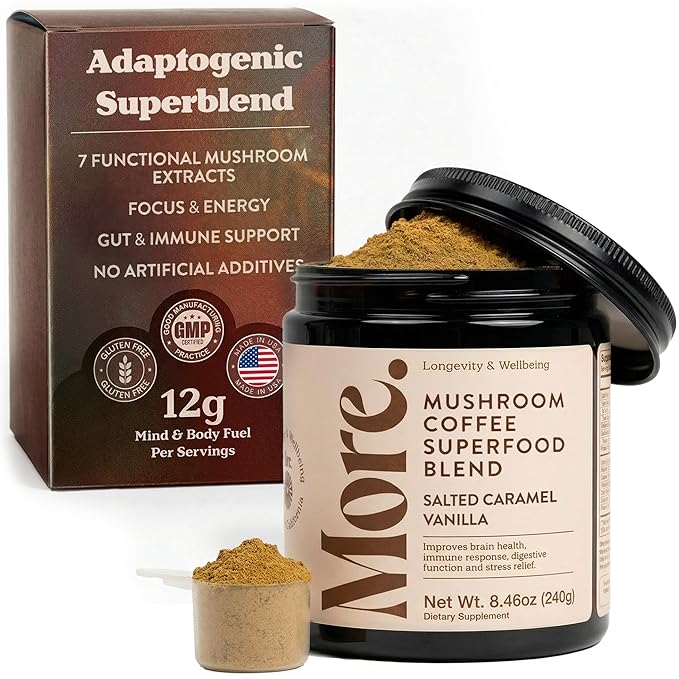 More. Longevity &amp Wellbeing Premium Mushroom Coffee Superfood – 7 Functional Mushrooms Extracts with Lions Mane Supplement Reishi Chaga &amp Ashwagandha Extract Instant Coffee Alternative with