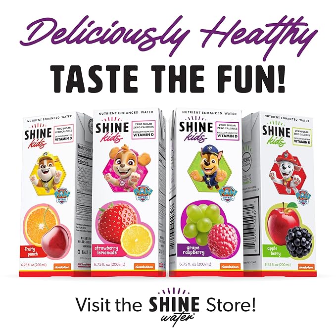 Shine Water x Paw Patrol Grape Raspberry Kids Juice Boxes with Vitamin D | No Added Sugar | Naturally Flavored Drinks for Kids | Vegan Gluten Free Zero Calorie Hydration | 32 Pack