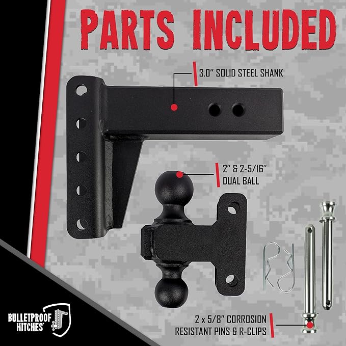 BulletProof Hitches - 3.0 Adjustable Heavy Duty Trailer Hitch (22000 lb. Rating) - 4 Drop/Rise Trailer Hitch with 2 &amp 2-5/16 Dual Ball - Powder Coat Solid Steel Corrosion-Resistant