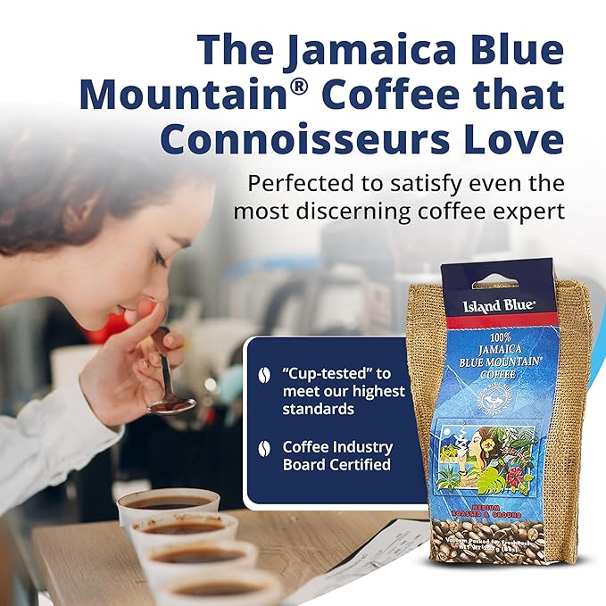 Island Blue 100% Jamaica Blue Mountain Fresh Roasted &amp Ground Coffee Medium Roast Gourmet Coffee Ground Vacuum Packed in a Burlap Bag 8 oz