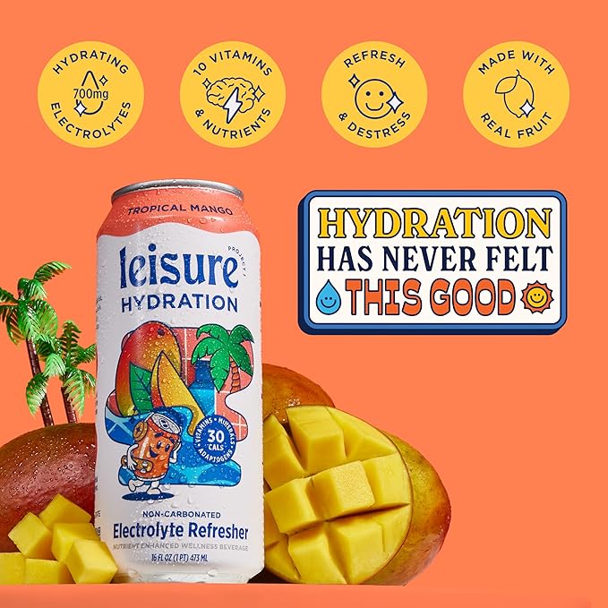 Leisure Hydration Non-Carbonated Electrolyte Refresher Tropical Mango Flavor - Low Sugar Nutrient Enhanced Water Beverage - Get The Best Hydration Packed w/ Magnesium &amp Ashwagandha For Mood &amp