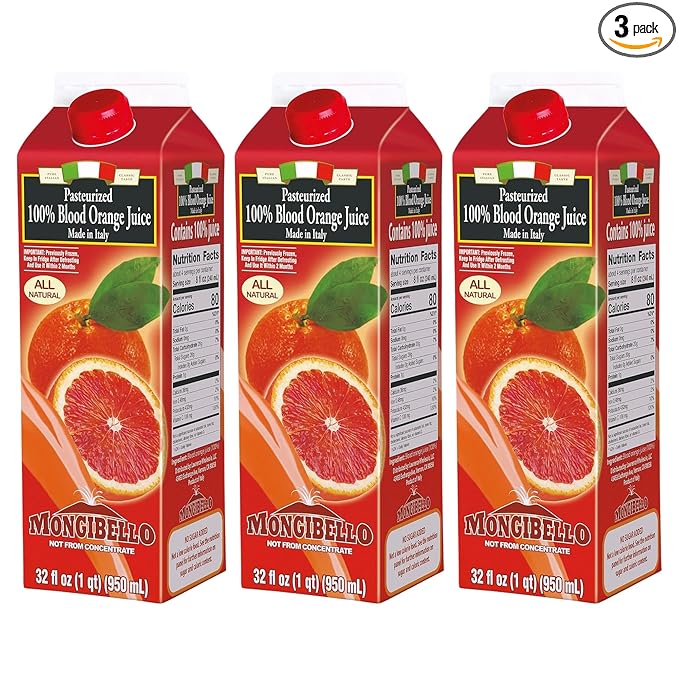 Mongibello 100% Blood Orange Juice 32 Fl Oz (3 Pack) Fresh Squeezed Pure All Natural Rich in Antioxidants &amp Vitamin C Ships Frozen Grown in Sicily Italy