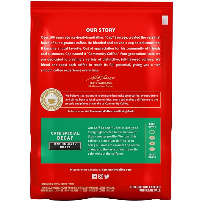 Community Coffee Café Special Decaf Medium Dark Roast Pre-Measured Coffee Packs 3 Ounce Each (Pack of 20)