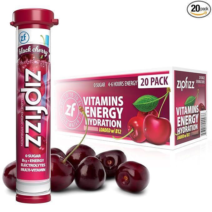Zipfizz Daily Energy Drink Powder Black Cherry 20 Pack | 3-in-1 Sustained Energy Rapid Hydration and Essential Vitamins | Sugar-Free | Electrolyte Powder | Contains Vitamin B-12 &amp Antioxidants