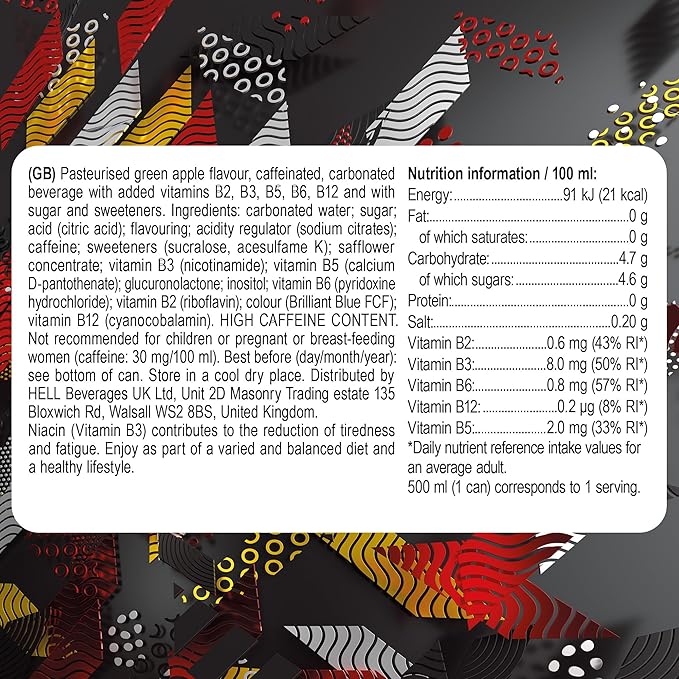 HELLGREEN APPLE Energy Drink | +20% More Caffeine | Vitamins B2 B3 B6 B12 C &amp D | No Preservatives | Environmentally Friendly Packaging | 12 x 500 ml | Compatible with HELL Energy