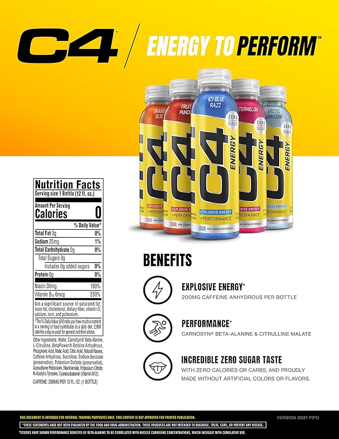 Cellucor C4 Energy Non-Carbonated Zero Sugar Energy Drink Pre Workout Drink + Beta Alanine - Fruit Punch - 12 FL OZ (355 ml) - Pack of 12