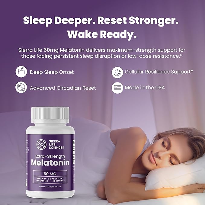60 mg High Dosage Melatonin Supplement - Extra Strength High Potency Sleep Support Vegan Non-GMO Made in USA Easy-to-Swallow Capsules 180 Count (180 Servings)