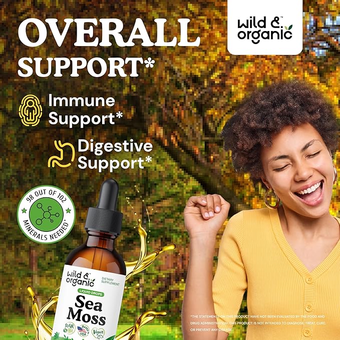 Wild &amp Organic Sea Moss Liquid Drops - Immune Support - Irish Sea Moss and Bladderwrack Tincture - Multimineral Chondrus Crispus Supplement - Vegan Sugar &amp Alcohol-Free - 2 fl oz
