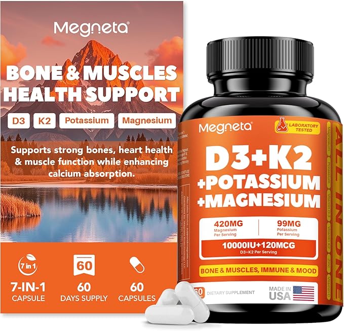 Vitamin D3 K2 10000 IU with Magnesium &amp Potassium – Supports Calcium Balance Muscle Function &amp Immune Health – Vegan High Absorption – 60 Capsules