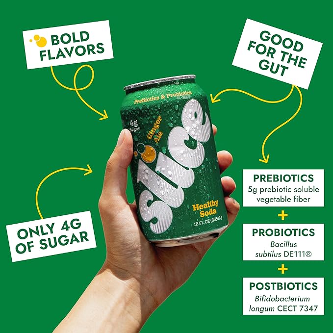 Slice Healthy Soda Ginger Ale Prebiotic &amp Probiotic Soda Pop 5g Fiber 35 calories 12 fl oz 12 Pack