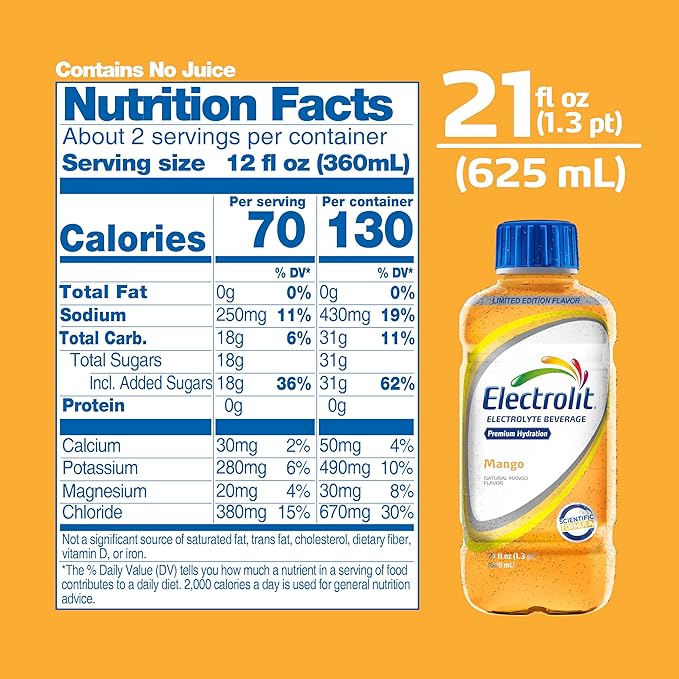 Electrolit Electrolyte Beverage Mango 21 Fl Oz bottle (Pack of 12)