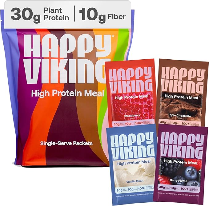 Happy Viking Plant-Based Protein Powder +100 Superfoods Meal Replacement Shake Variety Pack Created by Venus Williams 30g Plant Protein 10g Fiber Vegan Gluten-Free Non-GMO 12 Meals