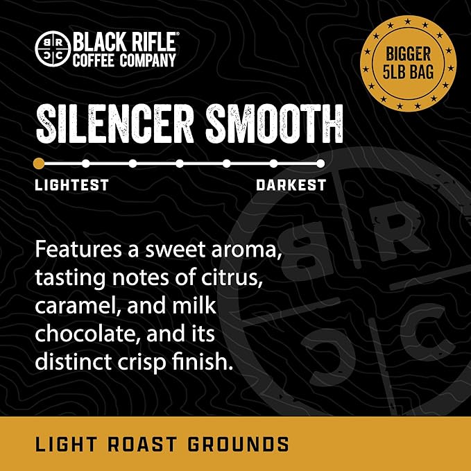 Black Rifle Coffee Company Silencer Smooth 5 lb Bag Ground Coffee Light Roast - Roasted Blend Made from Arabica Beans - Colombian &amp Brazilian Beans - Veteran Founded &amp American Made