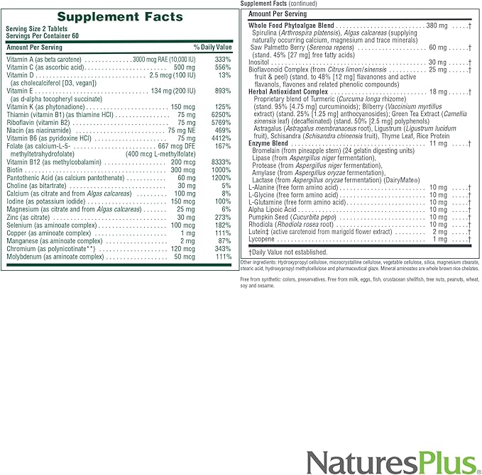 NaturesPlus Source of Life Men - 120 Tablets - Iron-Free Multivitamin &amp Mineral Supplement - with Saw Palmetto Lycopene &amp Rhodiola - Gluten Free Vegetarian - 60 Servings