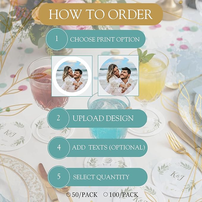 Custom Coasters – Personalized Wedding Coasters for Drinks with Logo or Photo – Reusable Customized Full Color Print Drink Coaster for Weddings Parties &amp Events (25 50 100 Pack) – Queen of Card