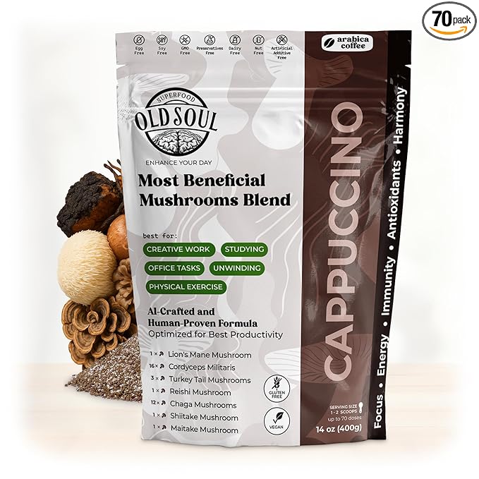 OldSoul Superfood Mushrooms Cappuccino Blend | Arabica Coffee | Approx. 70 Doses | Energy Focus Immunity | 14 oz (400 g)