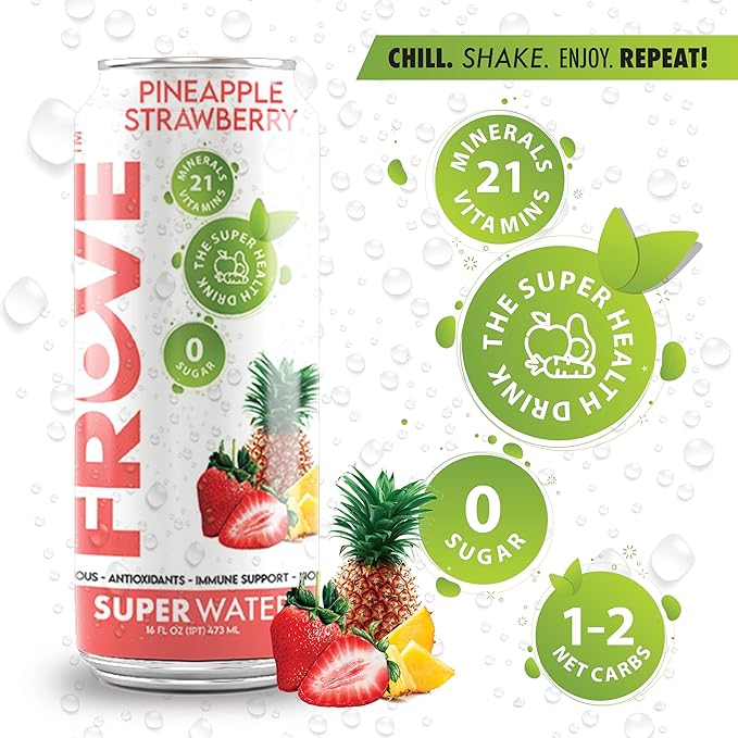 FrUve Super Water | Pineapple Strawberry Flavor | 12 16oz Cans | Healthy Drink | Zero Sugar | Low Calorie Drink | Powerful Antioxidants | Boosts Immune System | NON-GMO | The Super Health Drink