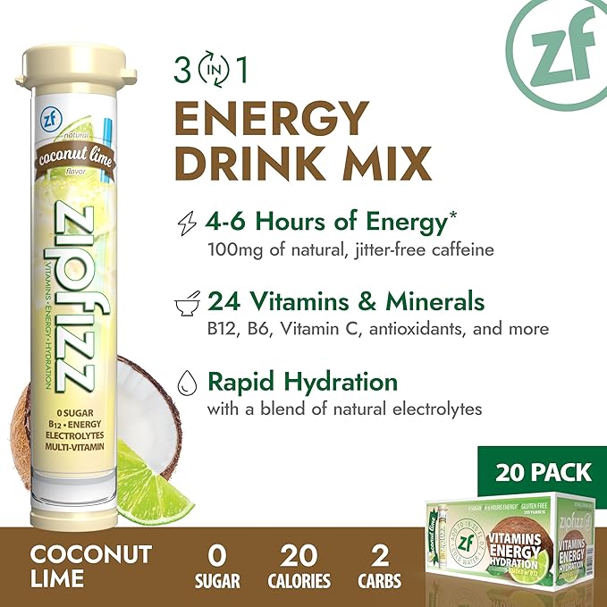 Zipfizz Daily Energy Drink Powder Coconut Lime 20 Pack | 3-in-1 Sustained Energy Rapid Hydration and Essential Vitamins | Sugar-Free | Electrolyte Powder | Contains Vitamin B-12 &amp Antioxidants