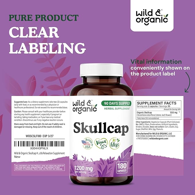 Wild &amp Organic Skullcap Herb Capsules 1200 mg - Calming Skullcap Supplement - 180 Capsules - Scutellaria Lateriflora Leaf Extract - 3-Month Supply - Vegan No Fillers Non-GMO