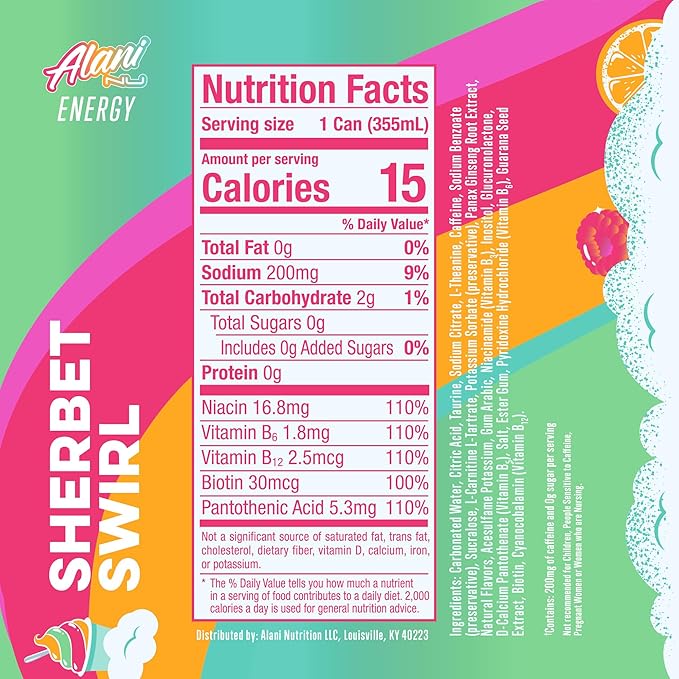 Alani Nu SHERBET SWIRL Sugar Free Low Calorie Energy Drinks 200mg Caffeine Biotin B Vitamins Zero Sugar 10 Calories 12 Fl Oz Cans 12 Pack