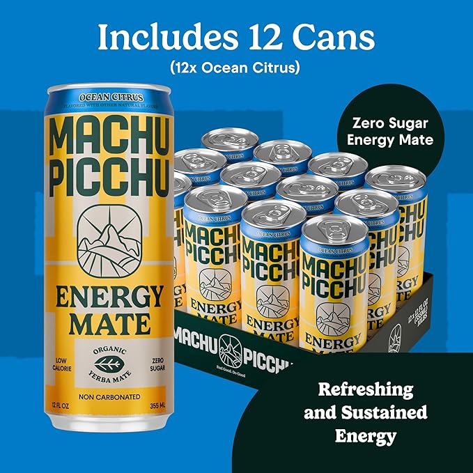 MACHU PICCHU Zero Sugar Energy Mate Drink – Non-Carbonated Yerba Mate 120mg Organic Caffeine Smooth Focus Without Jitters or Crash Low Calorie USDA Organic 12oz Cans (12-Pack-“Ocean Citrus”)