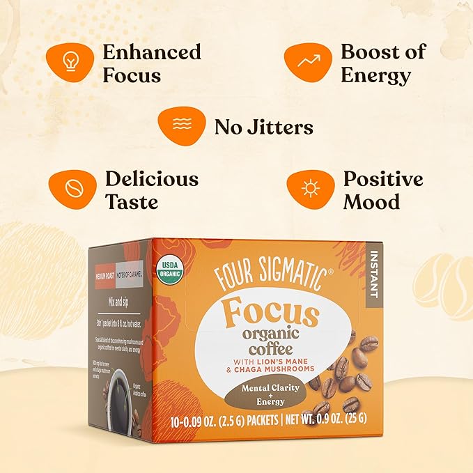 Four Sigmatic Mushroom Mix Coffee Lion's Mane | Focus | Pack of 3 (30 Packets Total)
