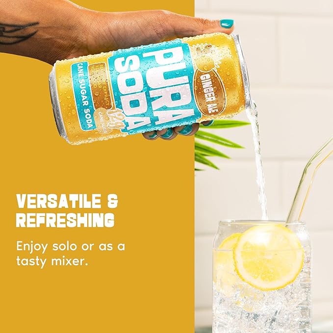 PuraSoda® Ginger Ale - 65 Calories &amp 12g Pure Cane Sugar per Can - Made with Pure Cane Sugar No Stevia or Artificial Blends - Non-GMO Vegan Clean &amp Refreshing Ginger Soft Drink - 10 fl oz C