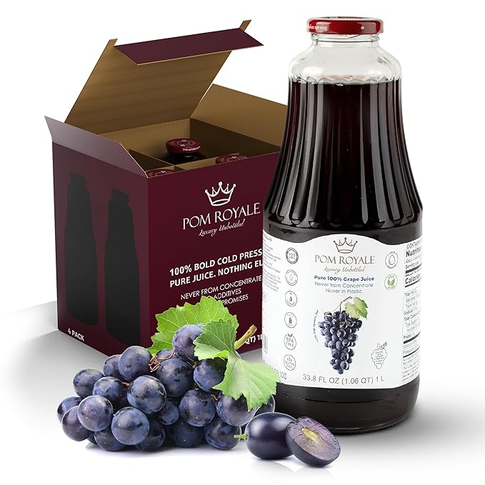 Pure Grape Juice 33.8oz Glass Bottle (Pack of 4) Cold Pressed Juice Not from Concentrate Non-GMO No Sugar Added Gluten Free Preservative Free