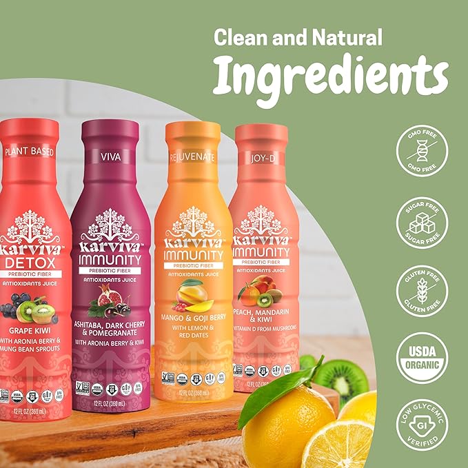 Karviva Organic Detox Juice Cleanse &amp Immunity Boost Ancient Remedies for Gentle Detox &amp Restore Digestion Prebiotics Vitamin C D &amp Marine Collagen Low-Sugar Gluten-Free 1 to 3 Day